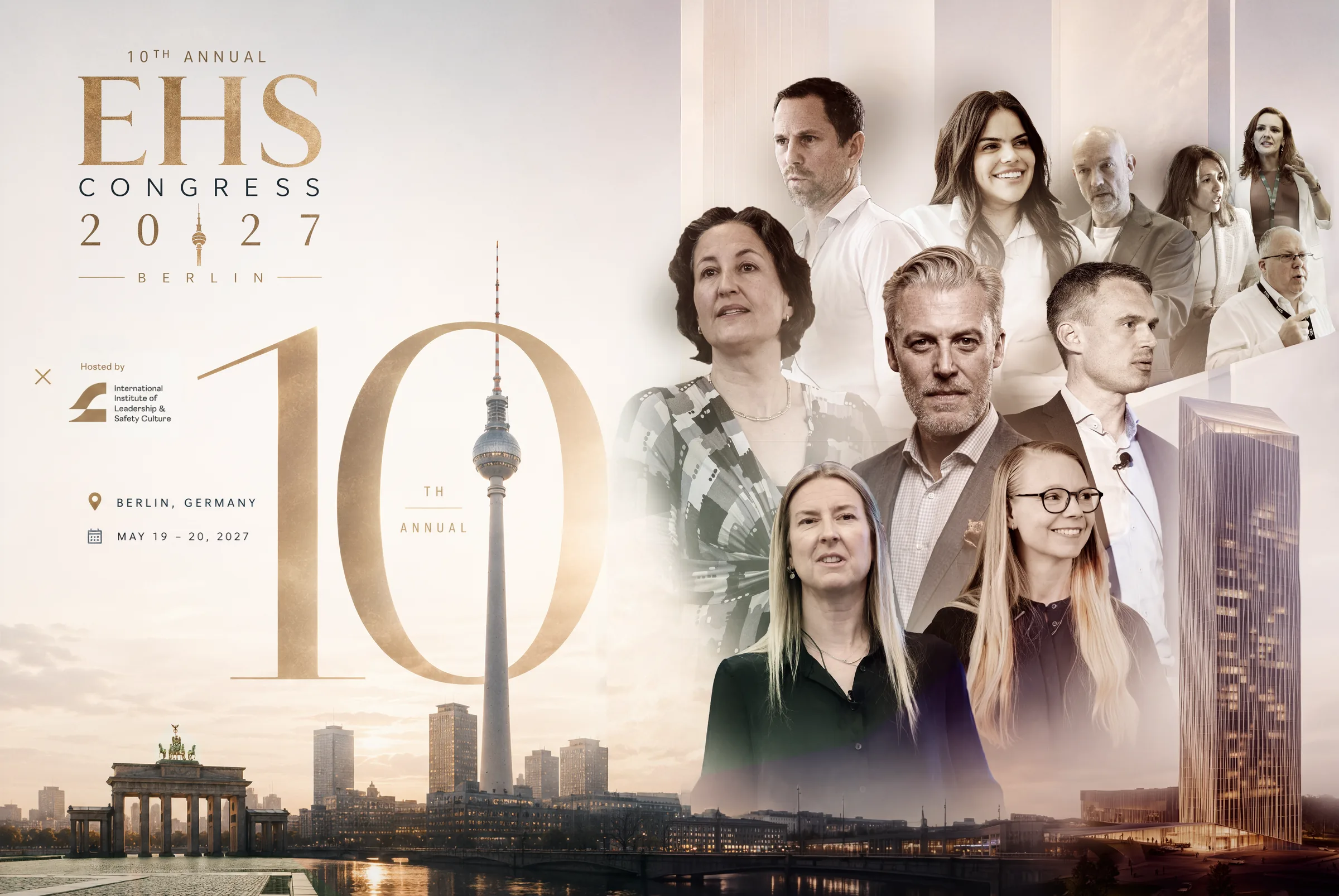 EHS Congress 2027 — 10th Annual key visual: Berlin skyline, speakers and the Estrel Tower